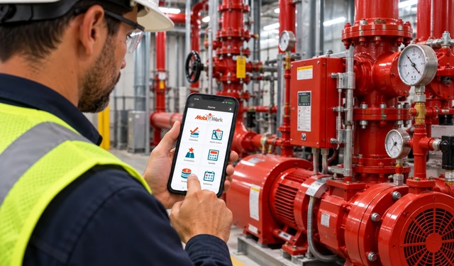 Construction worker standing in front of a crane using MobiWork equipment inspection services software